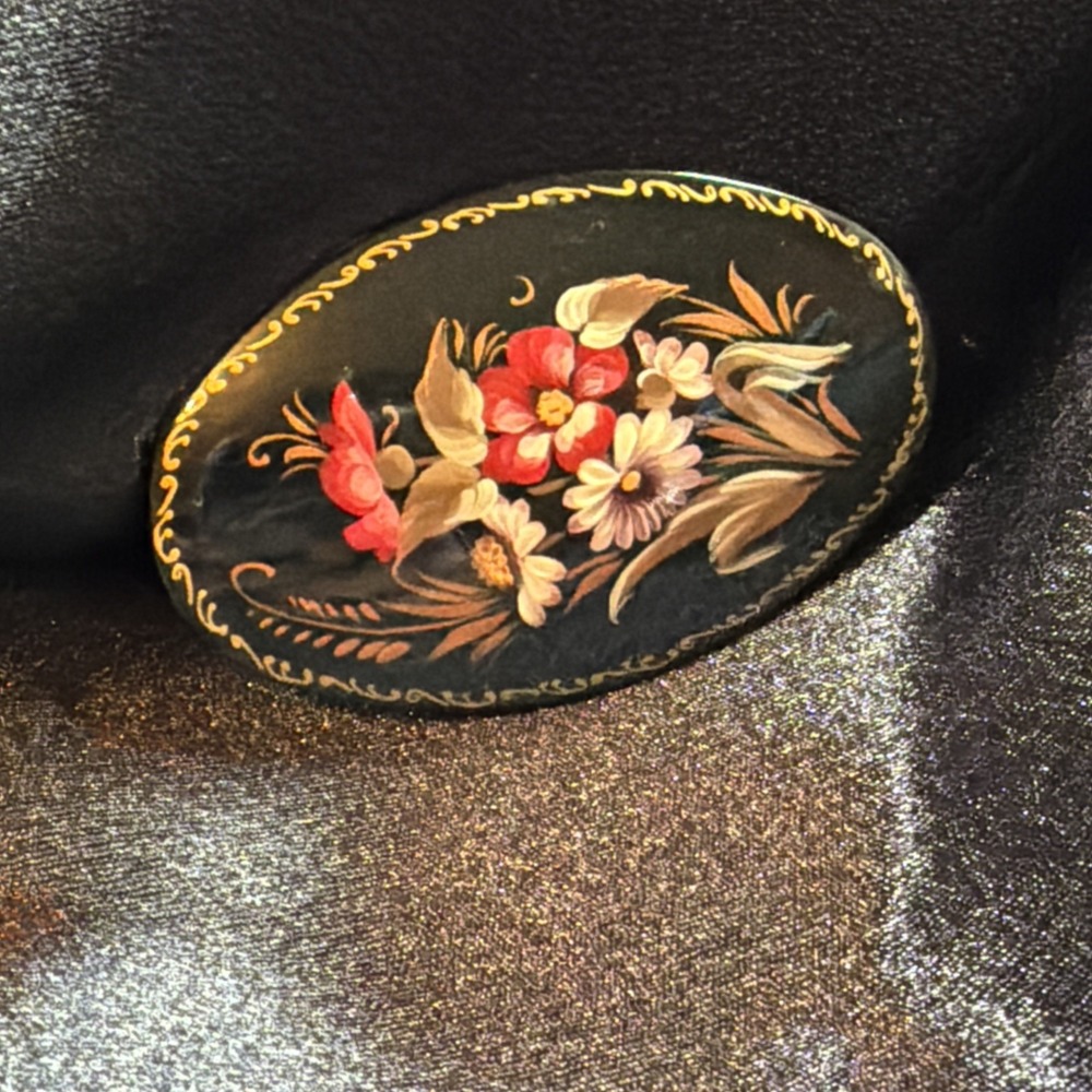 Vintage 90s Floral Black Lacquer Russian Brooch Signed Hand Painted